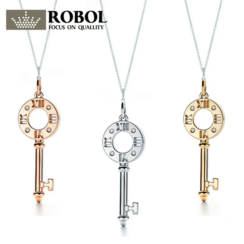 XL TFX TIFF 925 Sterling Silver Hollow Key Pendant Necklace Watch 18K Yellow Gold, Golden Rose, Platinum Gold Available