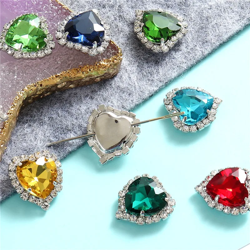 12mm 14mm Sewn Crystals Heart Glass Sew on Rhinestones Silver Base Flatback Apparel Sewing Stones Diy Clothing sew on rhinestones sewing rhinestones