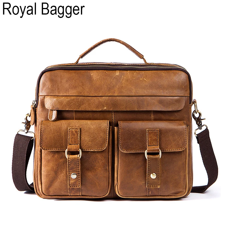 Royal Bagger портфель для ноутбука сумка для мужчин из натуральной коровьей кожи большой размер сумка на плечо Европейский стиль дорожная - Цвет: Коричневый