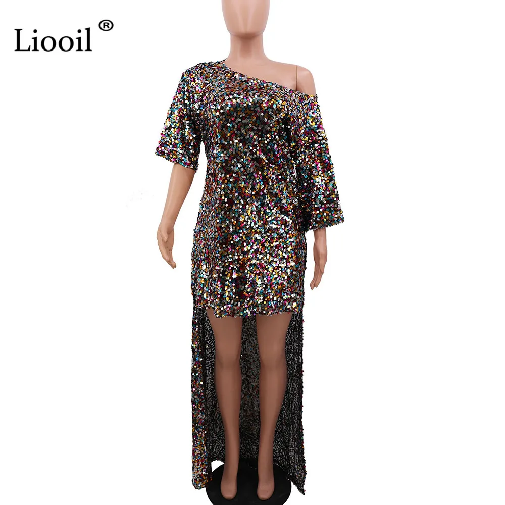 Liooil, цветное, с блестками, сексуальное, асимметричное, длинное, макси платье, для женщин, Клубная одежда,, с коротким рукавом, свободные платья, для женщин, вечерние, для ночного клуба