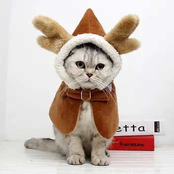 

Cat Dog Cape Autumn Winter Warm Plush Clothes Hoodie Xmas Elk Printed Dress Up Magic Buckle Design Easy to Adjust Carry