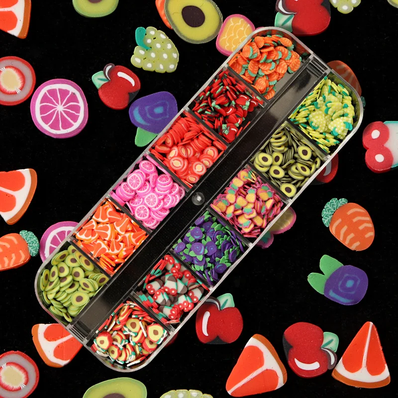 12 Grid Mixed Fruit Polymer Soft Clay Flakes for Nail Art UV Epoxy Resin Silicone Mold Slime Filler Making Tweezers DIY |
