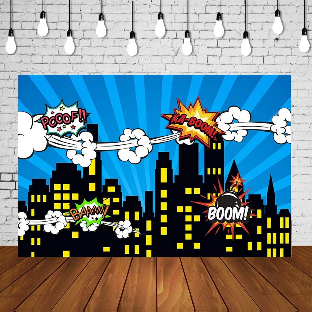 super hero themed boy girl birthday Party banner city backdrop boom blue Photo Background desser table scene setter wall poster