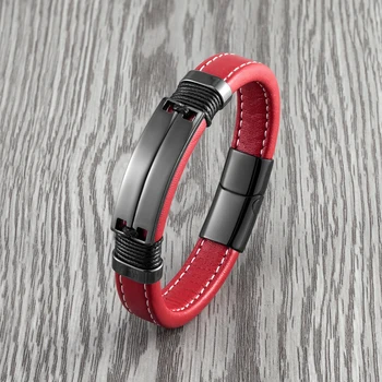 Double Row Glossy Stainless Steel Trendy Cool Jewelry Unisex Couple Punk Bracelet Charm Wide Leather Red Bracelet