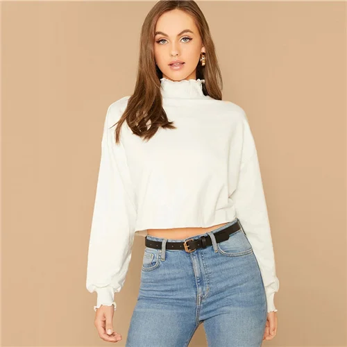 Белый Dotfashion, белая женская толстовка с высоким воротом и оборками,, осенняя укороченная толстовка с рукавом-фонариком, Женская однотонная Повседневная Толстовка - Цвет: Белый