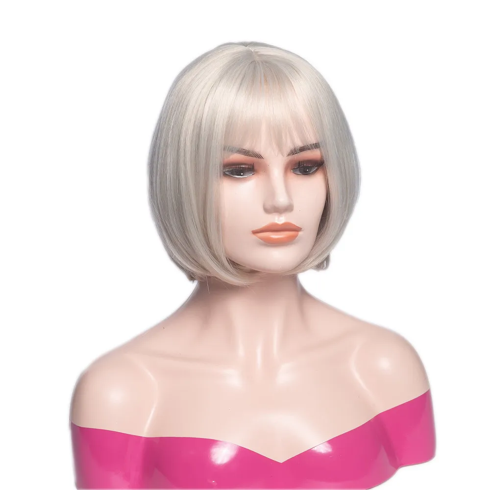 White Bob Wig with Bangs Short Straight SYnthetic Wigs for White Women Cospaly Fake Hair Wig