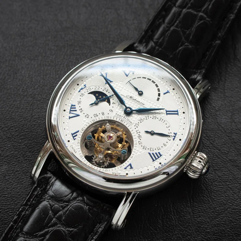 Высококачественные часы с хронографом Pilot Tourbillon, мужские часы с фазой Луны ST8007, модные мужские механические часы с календарем, запас мощности