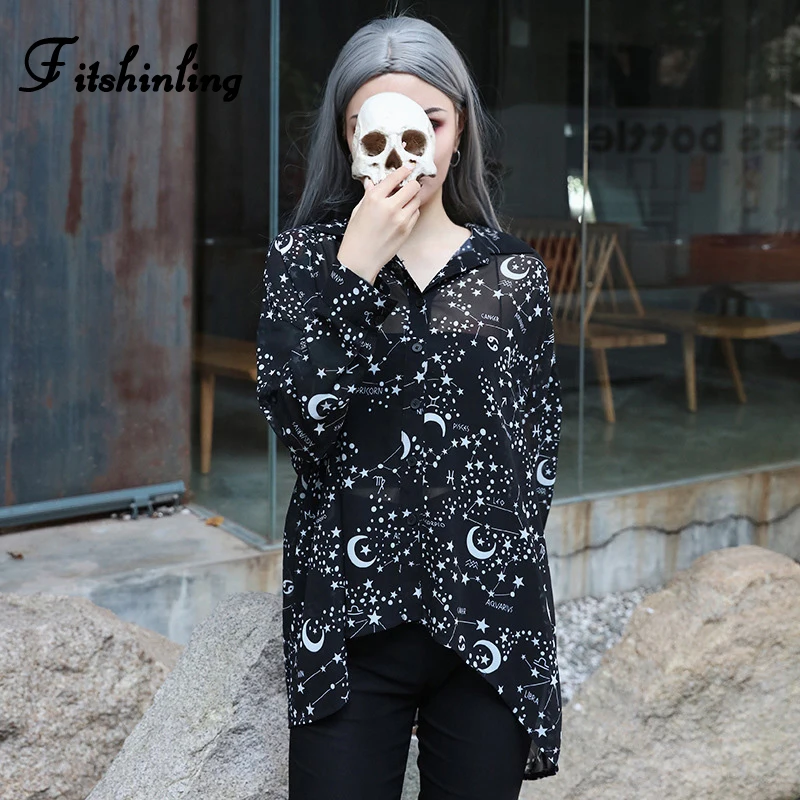 

Fitshinling Goth Dark Galaxy Chiffon Blouse Shirt Female Hollow Out Black Tops Autumn Slim Women Blouses Slim Sexy 2019 Blusas
