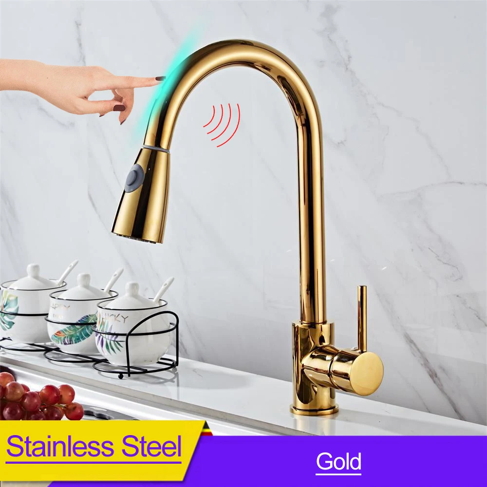 Gold with Sensor Умный датчик, смесители для кухонной раковины, автоматический сенсорный смеситель горячей и холодной воды, кран с креплением на палубе, выдвижной кран, автоматические краны из нержавеющей стали - Цвет: Gold with Sensor