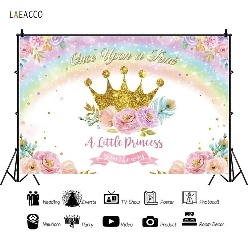 

Laeacco Cartoon Crown Princess Flower Light Bokeh Glitter Rainbow Photo Background Baby Shower Photography Backdrop Photo Studio