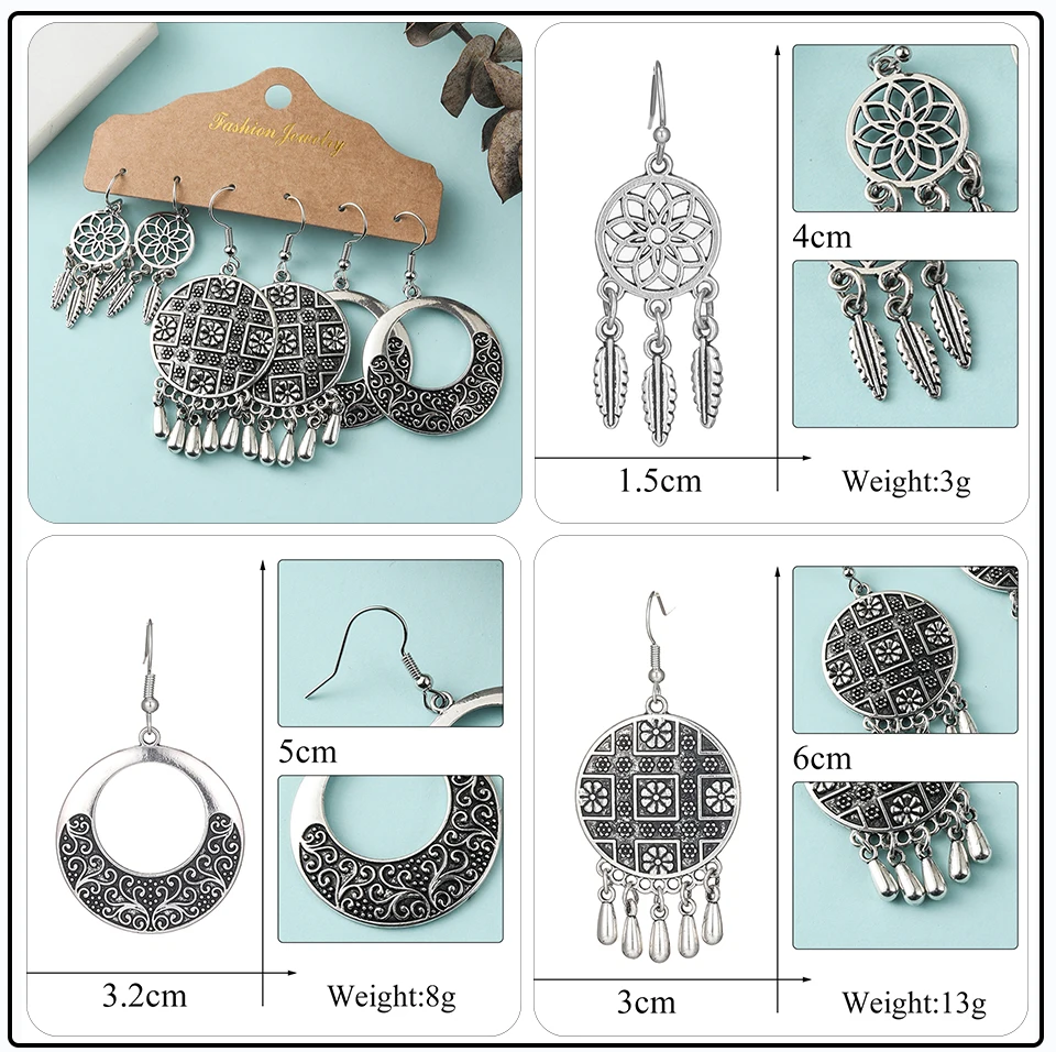 Bronze Silver Blue Ethnic Earrings Sets Jewelry Long Metal Tassel Hanging Dangling Earrings for Women (18)