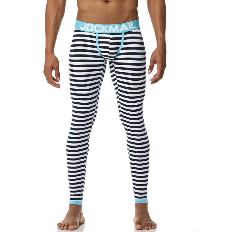 sky blue striped 07 Термобелье, мужские кальсоны, утолщенные сексуальные мужские хлопковые штаны, пижамные штаны для сна, низкая посадка, плотные леггинсы с мешочком, теплые - Цвет: sky blue striped 07