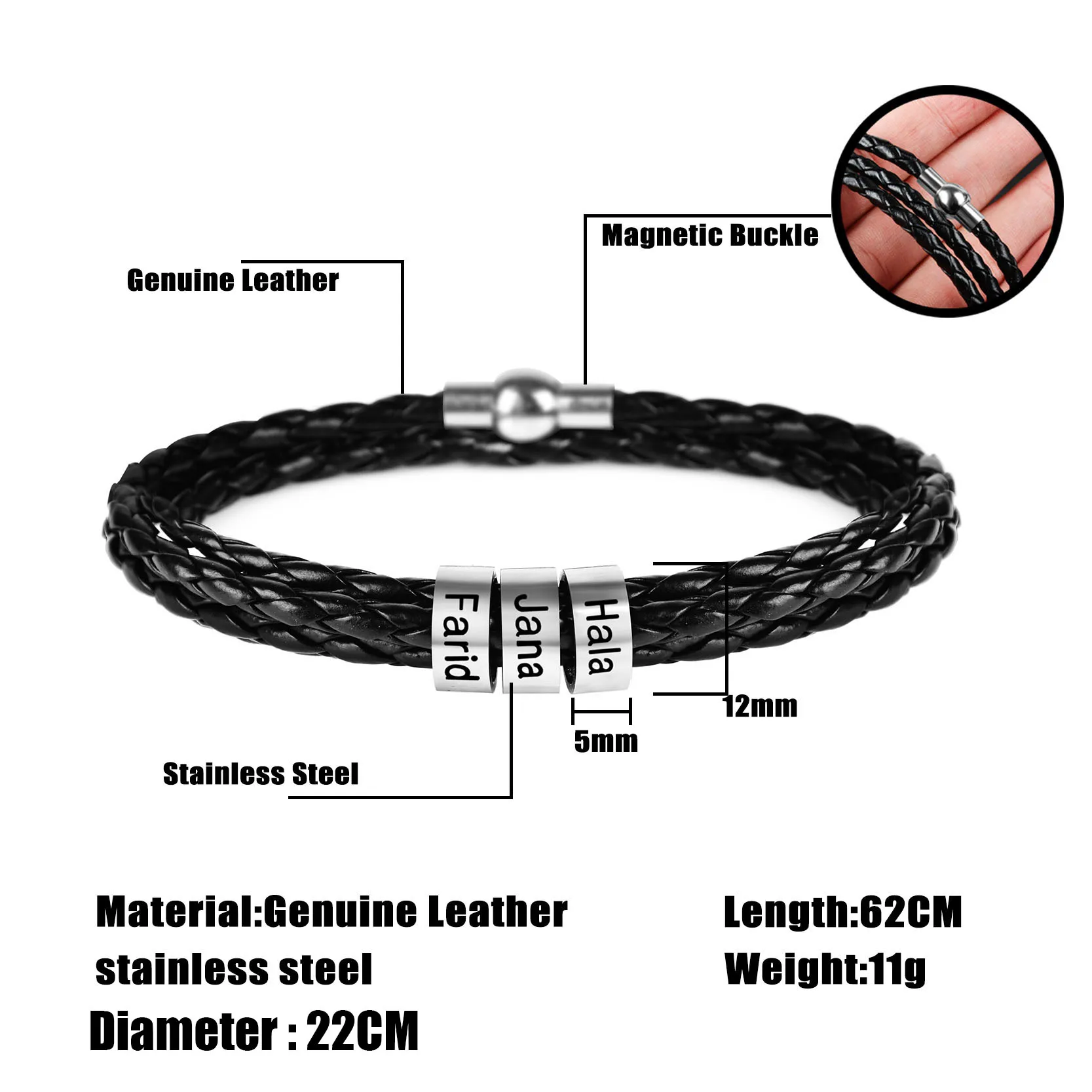 Персонализированный мужской плетеный браслет из натуральной кожи с магнитной пряжкой, 2-7 наименований, бусы из нержавеющей стали, подарок для пар