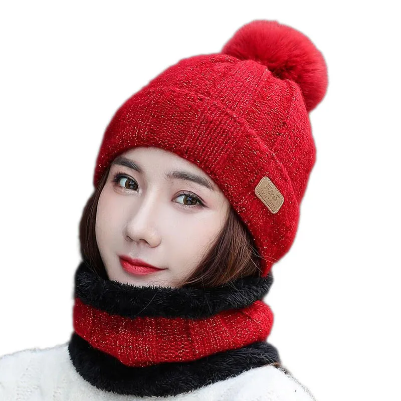 SUOGRY Hot Selling 2pcs Ski Cap And Scarf Cold Warm Leather Winter Hat for Women Knitted Hat Bonnet Warm Cap Skullies Beanies