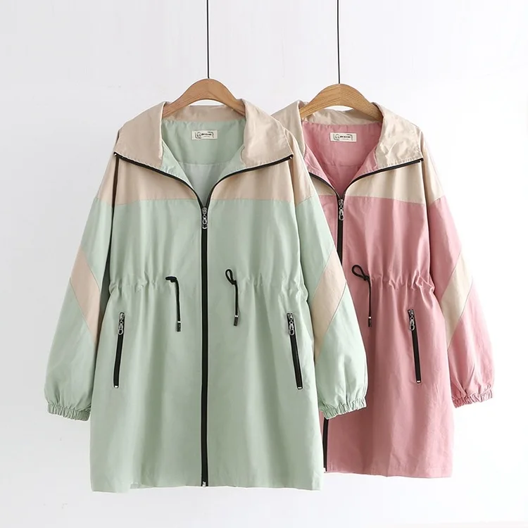

Autumn New Style Versitile Fashion College Style Mid-length Mixed Colors Fold-down Collar Drawstring Long Sleeve Trench Coat Wom