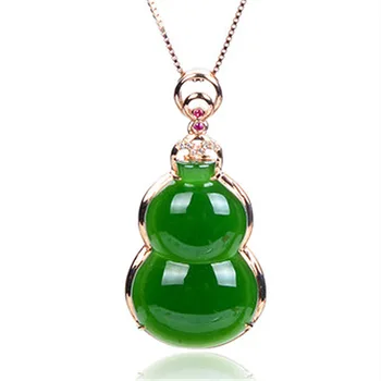 

14K GOLD NECKLACE EMERALD INLAID GOURD PENDANT JEWELLERY FASHION HAND-CARVED RELAX HEALING MAN WOMEN LUCK GIFTS AMULET