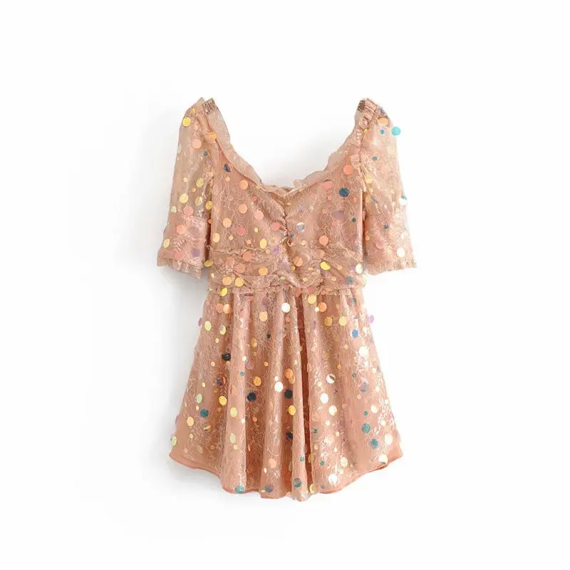 

2019 Spring And Summer New Style Xian Qi Wrinkle Nude Symphony Sequin Lace Small Girdle Dress Party WOMEN'S Dress
