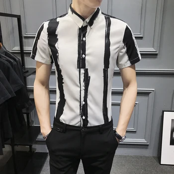 

High Quality Streetwear Social Tops Camisa Masculina 2020 Summer Men's Shirt British Style Striped Slim Fit Casual Dress Shirt