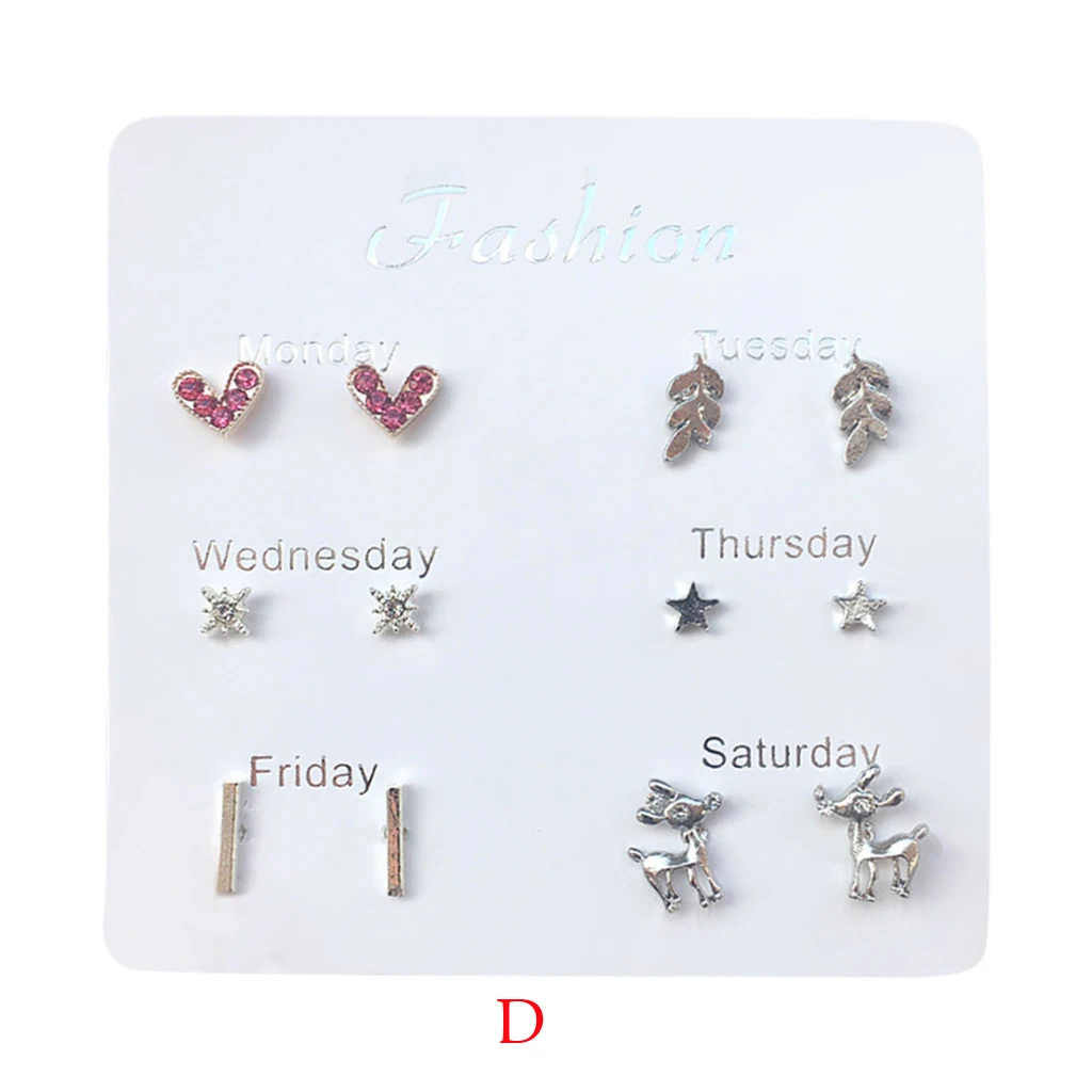 6 пар женских сережек в форме сердца с жемчугом, кленовыми листьями, для девушек, темперамент, корейский стиль, милые геометрические серьги на одну неделю, минималистичный набор сережек - Окраска металла: D