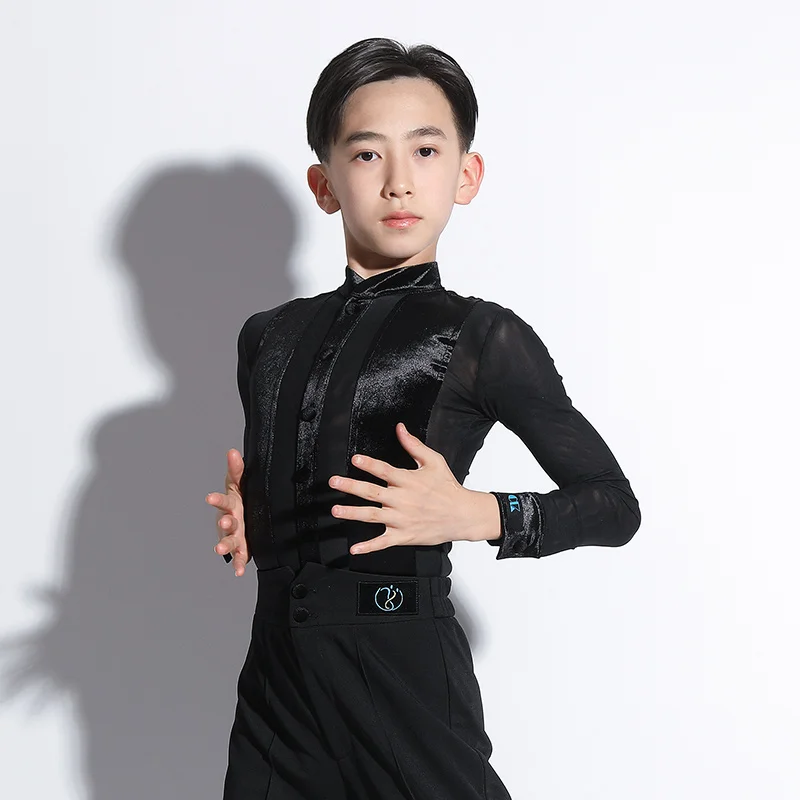 

Long Sleeve Turtleneck Velvet Latin Dance Clothes Top for Little Boy Children,Ballroom Costume Practice Performance Wears G7056