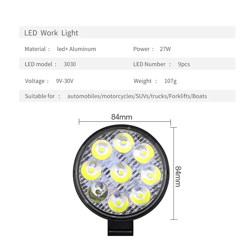 1 шт., автомобильный бочонок круглые белые светодиоды рабочий светильник 12V 24V Мини 27W 9 W-светодиодный автомобильный светильник Водонепроницаемый внедорожные круглый рабочий светильник для грузовиков ATV Unviersal