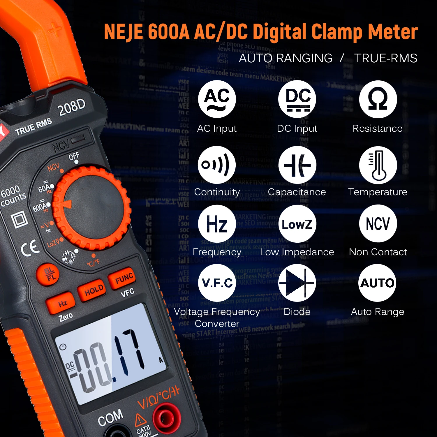 NEJE 600A AC/DC Digital Clamp Meter with Temperature Ranging Multimeter