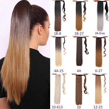 

Long Straight Ponytail Ombre Hairpiece Wrap Around Ponytail Clip In Extension Drawstring Synthetic False Hair Ponytails Queendom