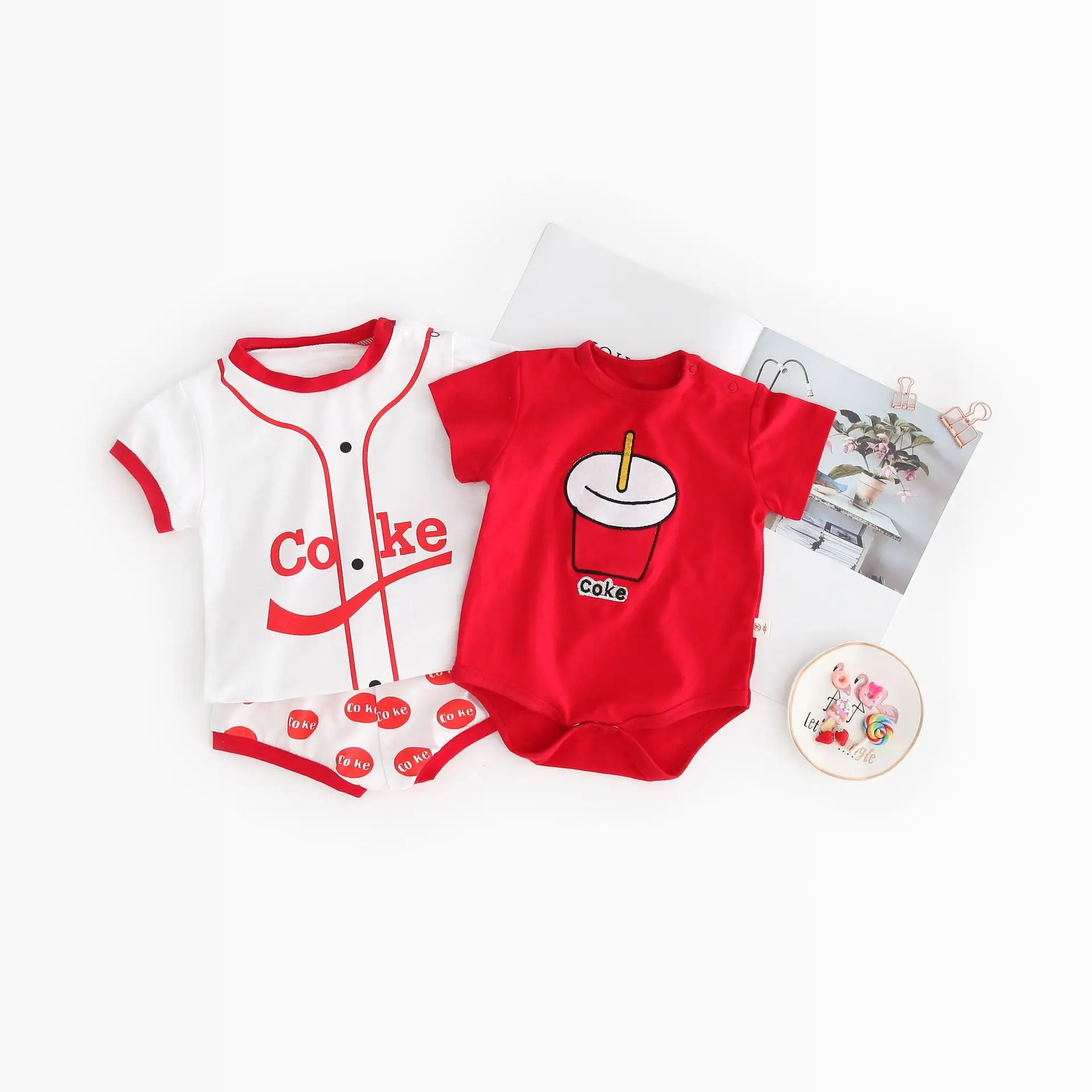 

Douyin Heat-Cola Cup Three-piece Set Baby Clothes Cotton T-shirt + Shorts + Triangle Baby Bodysuit Romper Crawling Clothes
