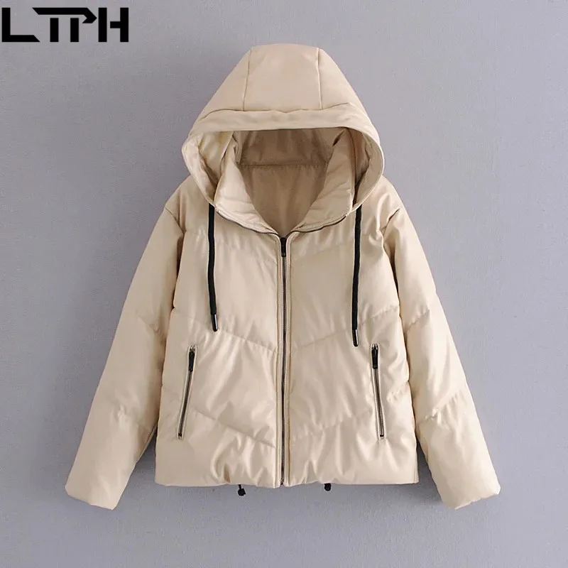 

TLPH high quality artificial leather PU woman parkas Solid color hooded coat thicken warm loose jacket outerwear 2020 Winter New