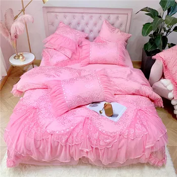 

Luxury Pink Beige 100% Egyptian Cotton Princess Wedding Lace Bedding Set Jacquard Duvet Cover Bed sheet Bed Skirt Pillowcases