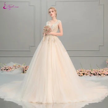 

Waulizane Delicate Tull Of Champagne A Line Wedding Dress With V Neckline Bridal Dress