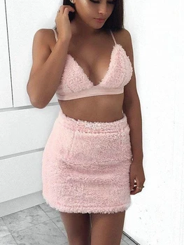 

2 Pieces Sexy Women Self Tie Fleece Bralette Cami Top and Mini Fleece Skirt Clothes Set Autumn