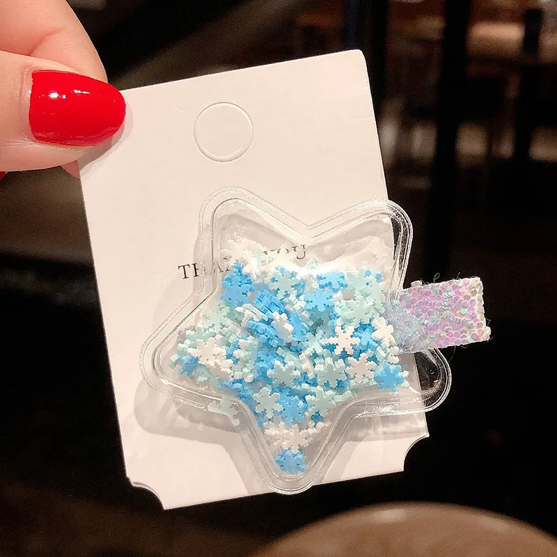 Cute Children Hair Clips Transparent Shiny Sequins Hairpins Stars Heart Geometric Barrettes Hairgrips Girls Princess Headwear - Цвет: Star blue snow