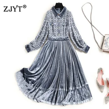 

High Quality Fashion Designer Runway Women Long Sleeve Lace Patchwork Pleated Velvet Dress Autumn Winter Clothes 2020