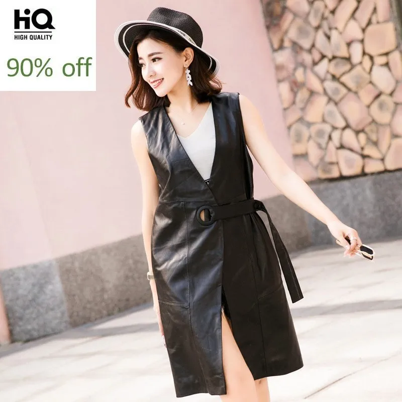 

Designer Women Deep V Neck Sleeveless Knee Length Vestidos Verano 2020 Belted Loose Fit Office Ladies Genuine Leather Tank Dress