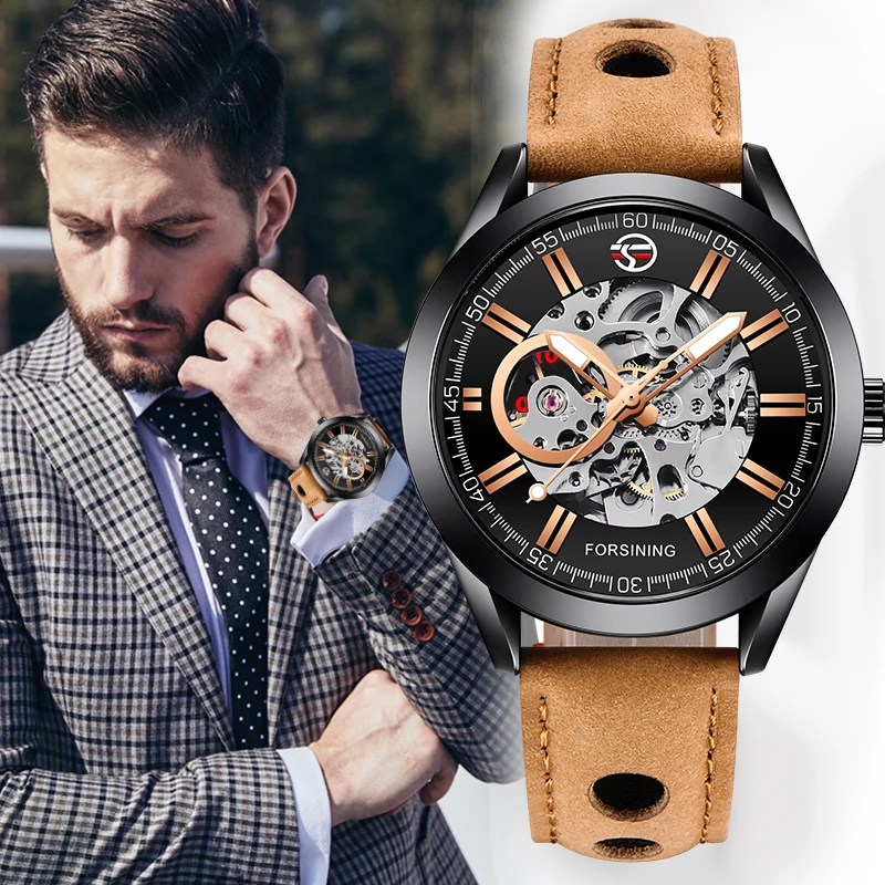 

Forsining Mens Casual Sport Watch Brown Genuine Leather Top Brand Luxury Army Military Automatic Mens Wrist Watch Skeleton Clock