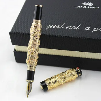 

Jinhao Gold Vintage Luxury Metal Calligraphy Fountain Pen Bent Nib Beautiful Dragon Texture Carving Office Bussiness Pen