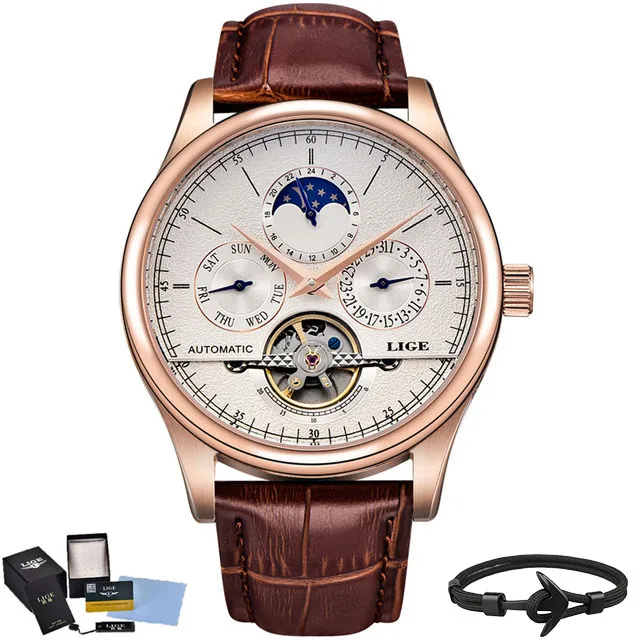 Lige top бренд класса люкс Tourbillon фазы Луны циферблат Для Мужчин's часы кожа ремень Водонепроницаемый механические часы Для мужчин Дата Zegarek мески - Цвет: SilverWhite Box Gift