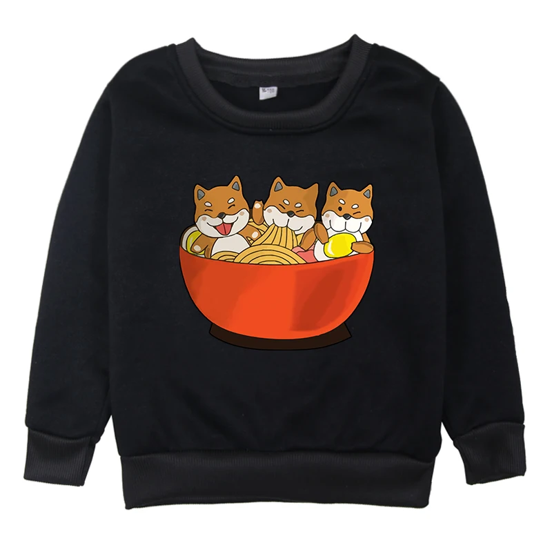 Милый свитшот для маленьких девочек с принтом «shba Inu Eat noodles»; Kawaii; Одежда для мальчиков; футболки; зимние корейские Детские свитшоты; теплые пальто