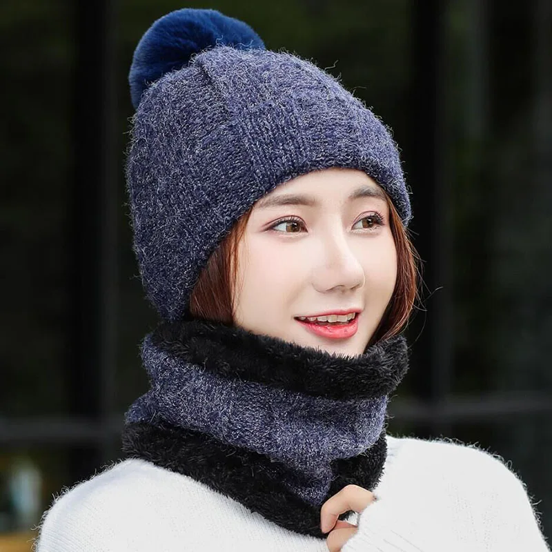 SUOGRY Hot Selling 2pcs Ski Cap And Scarf Cold Warm Leather Winter Hat for Women Knitted Hat Bonnet Warm Cap Skullies Beanies