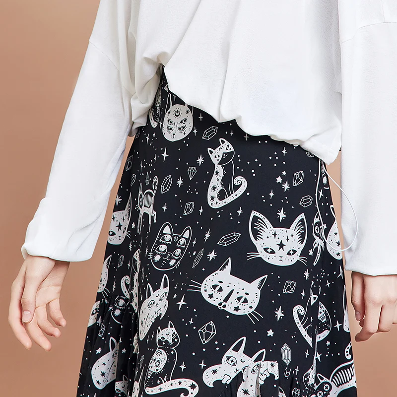 ARTKA/ Осенняя Новая женская юбка, модная юбка с принтом кота, необычный дизайн, шифоновые юбки, элегантная плиссированная юбка для женщин, QA15297Q