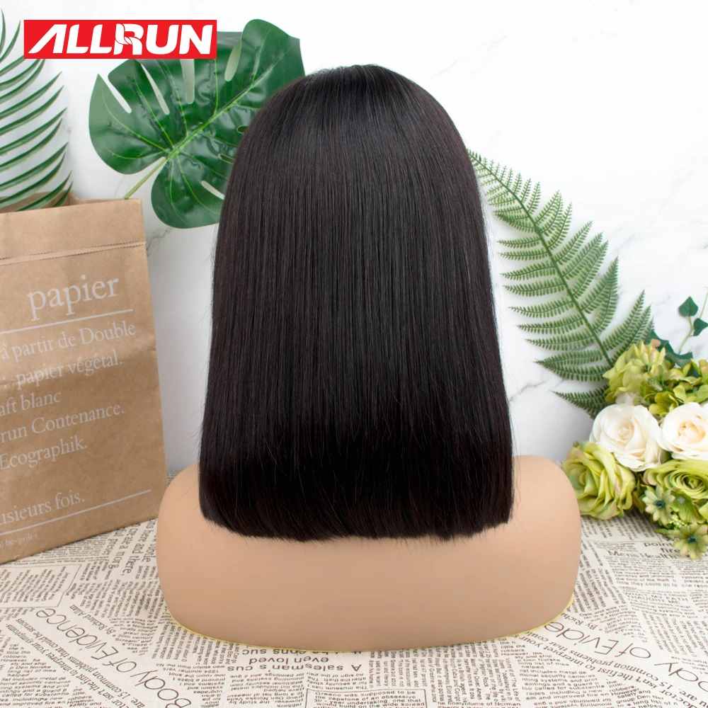 Allrun 13x5 короткий боб парик 10-12 дюймов 150% прямые бразильские не Реми кружевные передние человеческие волосы парики средний коэффициент натуральный цвет