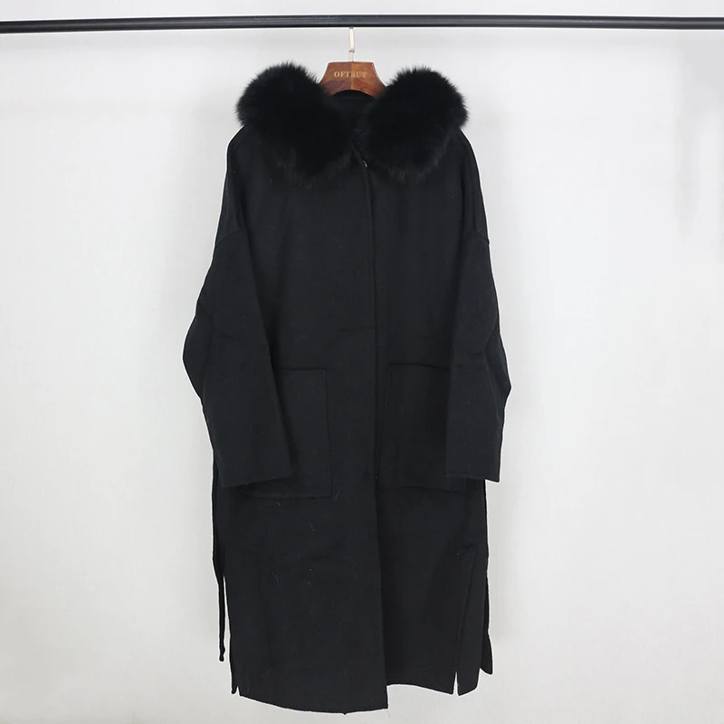 OFTBUY пальто с натуральным мехом, зимняя куртка для женщин, Воротник из натурального Лисьего меха, капюшон, кашемировая шерсть, удлиненная верхняя одежда, уличная одежда, Корея