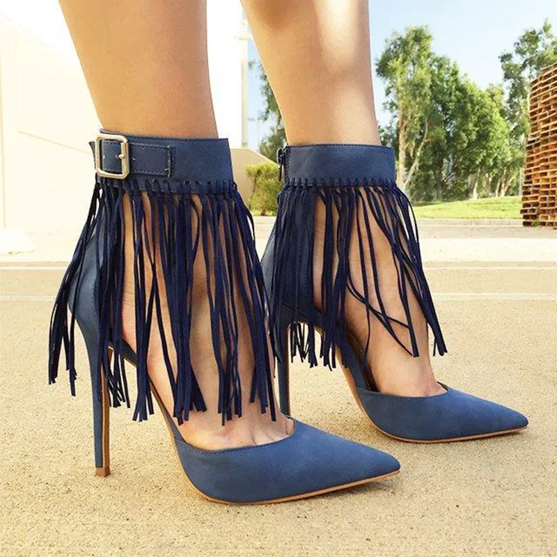 

Navy Blue Front Tassel Covered Pointed Toe Pumps High Heel Ladies Thin Heels Ankle Buckle Fringed Dress Shoes Woman