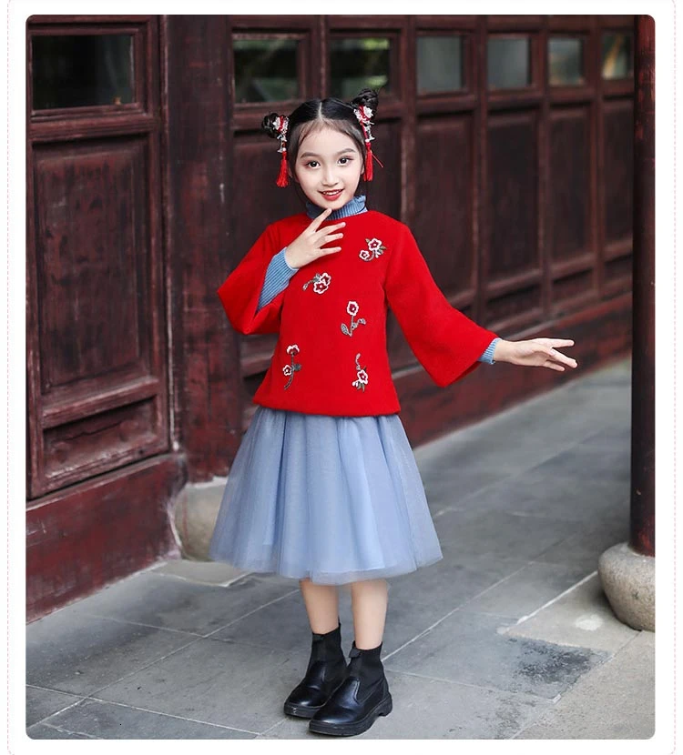 Красное зимнее шерстяное детское платье Hanfu, китайское Новогоднее платье, хлопковый костюм Ципао, Длинные вечерние платья, вечернее платье