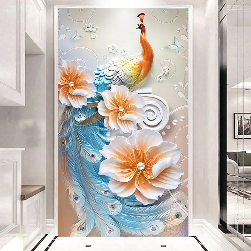

Drop Shipping Custom Mural Wallpaper 3D Embossed Modern Minimalist Peacock Entrance Decoration Corridor Flash Wallpaper Mural