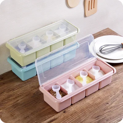 

Four Grid Seasoning Box Plastic Seasoning Jar Set Kitchen Salt Spice Jar Storage Container Condiment Jar