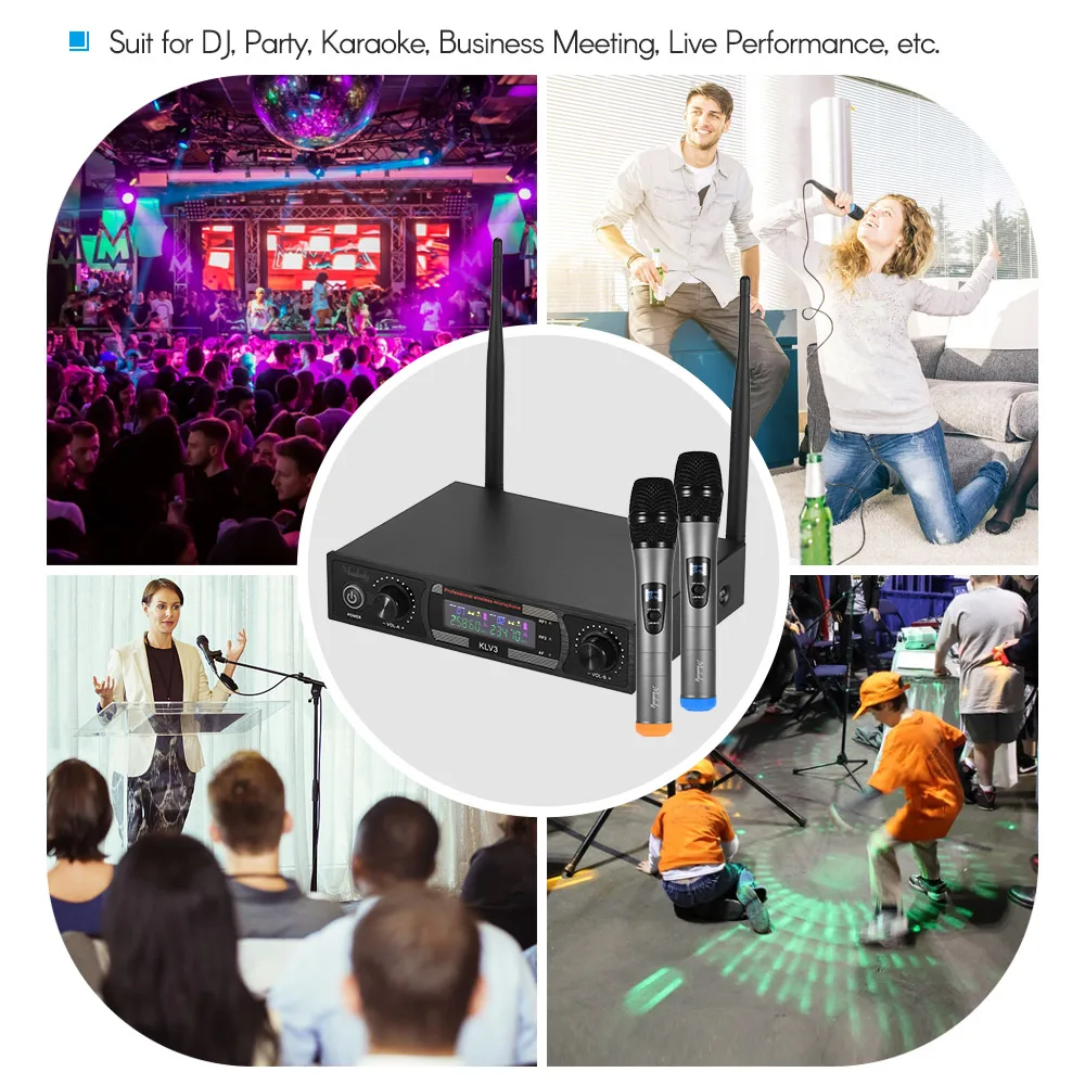 Muslady KLV3 VHF Wireless Microphones Set with 1 Receiver 2 Handheld Microphone Color Screen for DJ Party Karaoke Singing