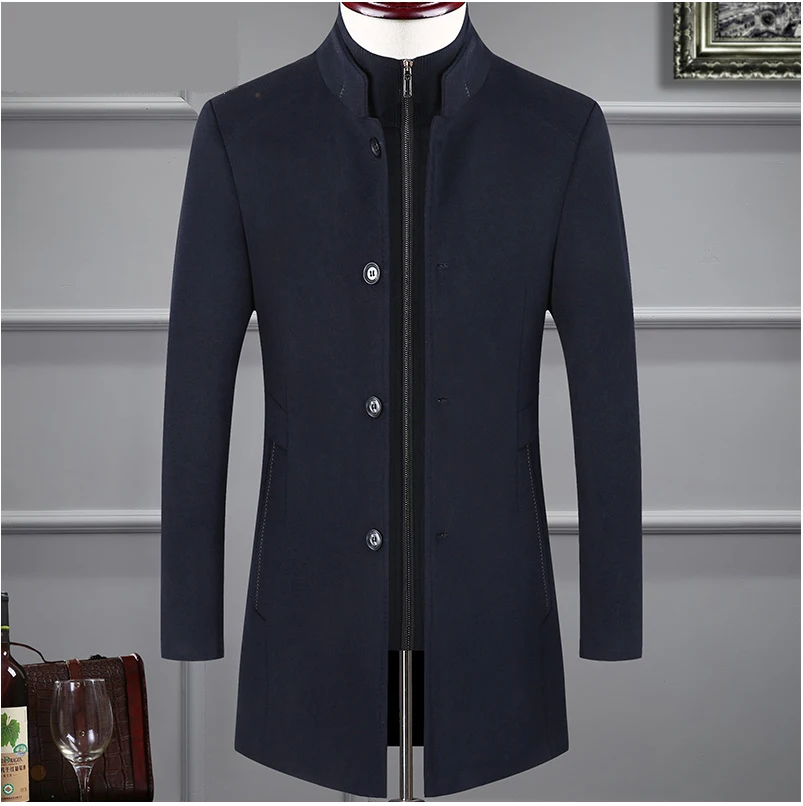 Осенние и зимние новые мужские Длинные шерстяное пальто Повседневная, теплая куртка Толстая мужская верхняя одежда& пальто - Цвет: navy