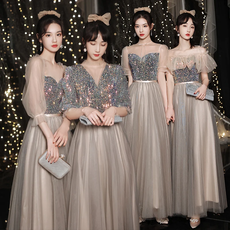 

New sequined Party Dresses graduation Long With Sleeves Sexy Sheer Neck Mismatched vestidos de graduacion robes Formal Dress
